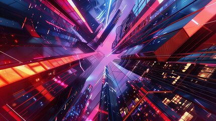 Fototapeta premium Futuristic Skyscraper and Skybridge at Dusk, Shenzhen Cyberpunk Architecture with Glass and Steel Facade