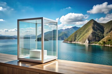 Fototapeta premium glass box, window, sea, mountains, podium, advertising, products