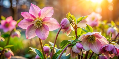 Fototapeta premium Beautiful Shooting Star Lenten Rose Flowers in Bloom, Nature's Delicate Beauty, Garden Floral Display, Spring Colors, Vibrant Blooms, Botanical Photography, Floral Arrangement