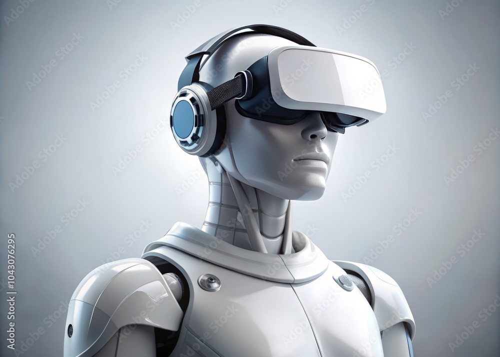 Aufkleber surreal cyborg experience: futuristic white robot with vr goggles in a minimalistic setting for virt