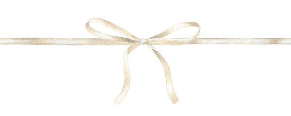 Ribbon Bow Border. Watercolor illustration of beige wrap. Hand drawn on white isolated background. Painting of template frame for card and invitation. Drawing of satin knot banner