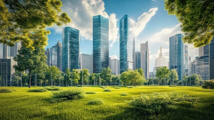 Obraz premium A futuristic city skyline is integrated with wind turbines and digital smart technology, surrounded by lush greenery, symbolizing innovation and sustainable development. 