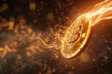 A glowing Bitcoin coin rotating in mid-air, with streams of digital code flowing out from the edges like energy pulses.