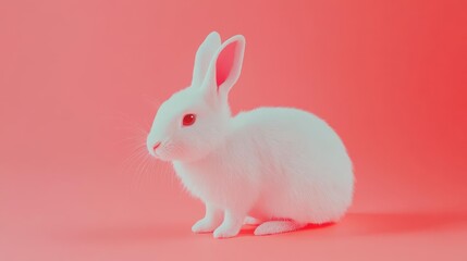 Obraz premium A fluffy white bunny on a light coral background