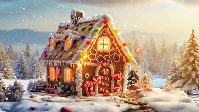 A fairytale gingerbread house, Gingerbread house decorated with colorful candies, Winter festive christmas house
