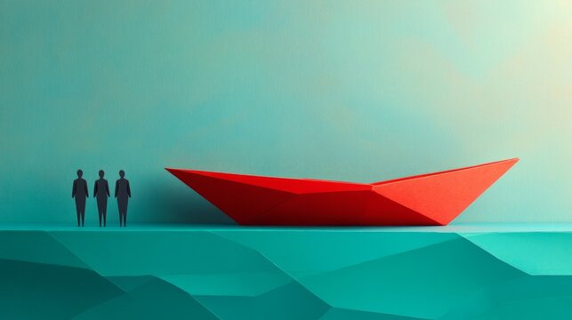 business leadership allegory, feminine silhouettes in origami vessel, flowing geometric seascape, red boat on turquoise waters, paper craft aesthetic, professional figures standing together, modern