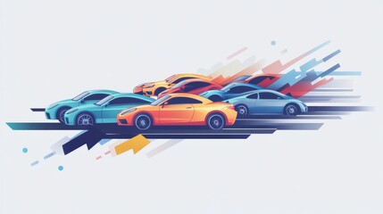 Fototapeta premium modern infographic style, multiple colored automobiles converging into unified direction, strategic merger visual, flat design cars, navy stripes transforming into arrow, soft atmospheric backdrop,