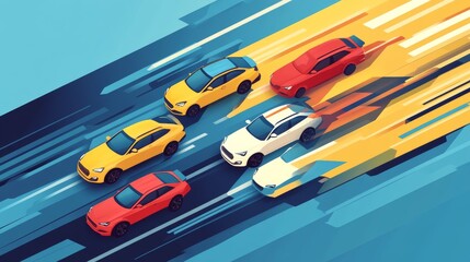 Obraz premium modern infographic style, multiple colored automobiles converging into unified direction, strategic merger visual, flat design cars, navy stripes transforming into arrow, soft atmospheric backdrop,