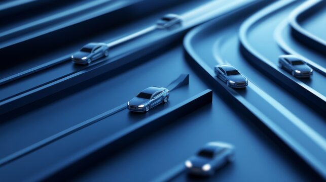 conceptual business merger artwork, tiny cars moving forward on parallel tracks, navy blue arrow formation, simplified automotive shapes, strategic direction theme, flat vector design, light