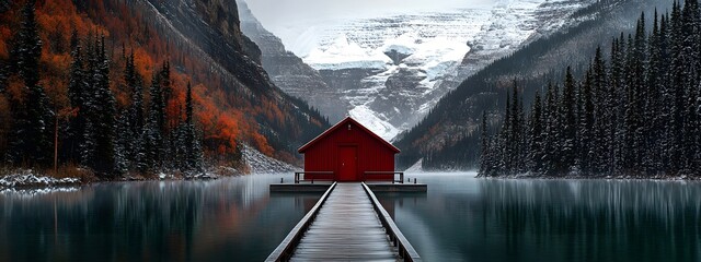 A red boathouse with a wooden walkway leading to the water, surrounded by snow-covered mountains and pine trees, overlooking an emerald lake in autumn