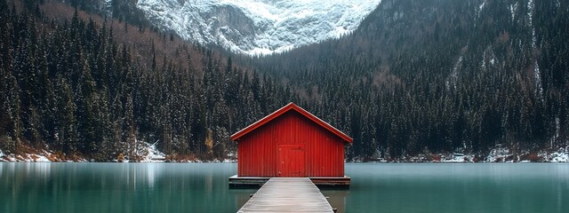 A red boathouse with a wooden walkway leading to the water, surrounded by snow-covered mountains and pine trees, overlooking an emerald lake in autumn