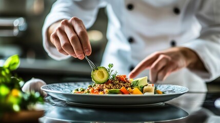 A chef garnishing a colorful dish with fresh ingredients in a modern kitchen setting.