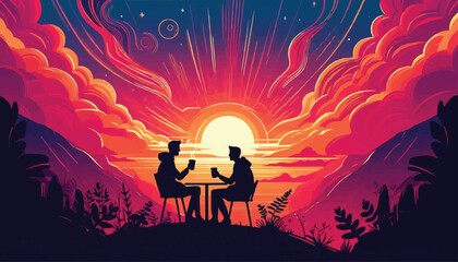 Fototapeta premium couple in cafe with sunset