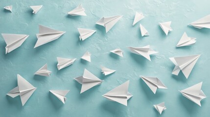 contemporary flight pattern artwork, geometric paper airplanes, interweaving dashed lines, seafoam background color, clean white origami forms, subtle dimensional shadows, repeating design elements