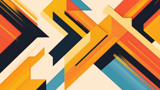 abstract geometric pattern, multicolored directional arrows, vibrant orange blue yellow composition, light peach background, modern vector design, overlapping arrow shapes, dynamic movement concept