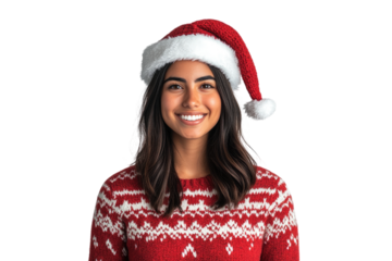 Happy Hispanic woman wearing Christmas sweater and Santa hat isolated on a transparent background