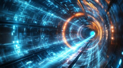 Obraz premium modern speed vortex design, flowing light beams, ultraviolet to azure spectrum, curved motion paths, futuristic transportation concept, glowing energy streams, deep space tunnel perspective