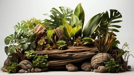Fototapeta premium A blend of tropical plants and stones creates a vibrant decorative display, enhancing garden landscapes.