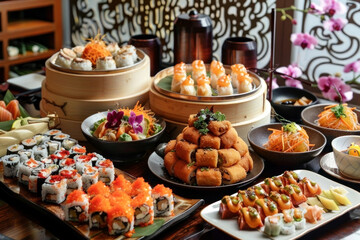 Fototapeta premium Savor the art of Japanese cuisine with this exquisite sushi spread, featuring vibrant rolls