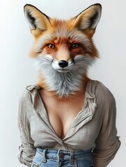 Obraz premium Female fox in a casual yet fashionable top with jeans on a white background.
