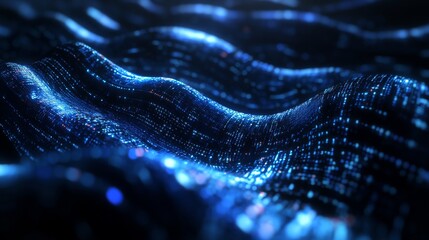 serpentine digital river, cascading blue numeric code, holographic data stream, midnight blue environment, cyber pathway, matrix-style visuals, digital age symbolism, tech-inspired 3d artwork