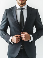 Attractive office employee man in a tailored suit with a tie on a white background.