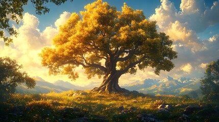 Obraz premium A solitary, golden tree stands tall on a hilltop bathed in the warm glow of the setting sun, with a backdrop of mountains.