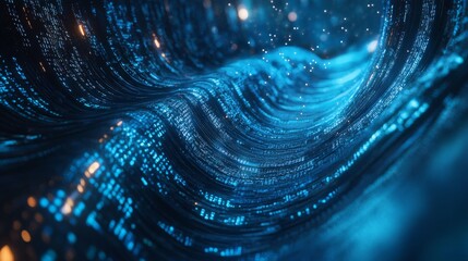 serpentine digital river, cascading blue numeric code, holographic data stream, midnight blue environment, cyber pathway, matrix-style visuals, digital age symbolism, tech-inspired 3d artwork