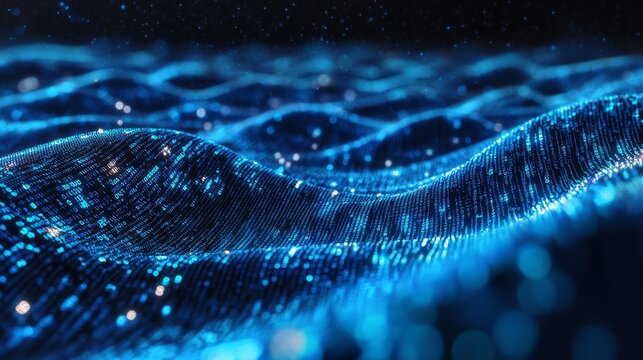 serpentine digital river, cascading blue numeric code, holographic data stream, midnight blue environment, cyber pathway, matrix-style visuals, digital age symbolism, tech-inspired 3d artwork