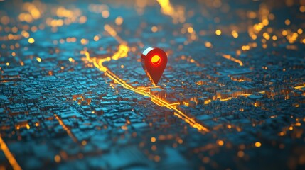 bright red location pin on light blue city map, 3d rendering, cartographic illustration, urban navigation concept, soft lighting, detailed street layout, high-resolution digital art