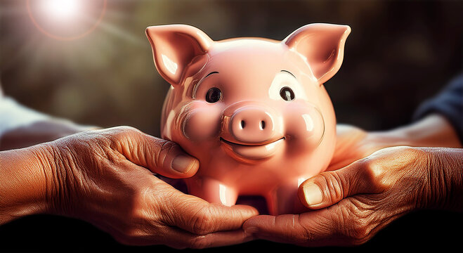 Extreme close-up of the wrinkled hands of an elderly couple holding a smiling pink piggy bank, elderly couple who together commit to saving for their future retirement. Generative Ai.