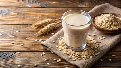 Fototapeta premium Glass of oatmeal milk with flakes on wooden table in kitchen