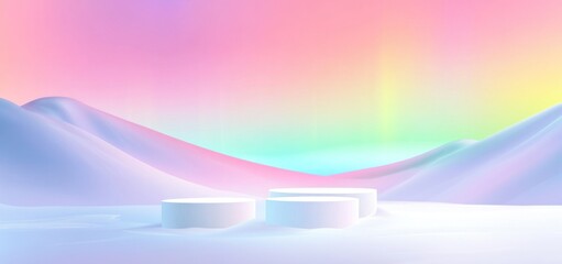 A serene, pastel-colored landscape with smooth hills and circular forms in a snowy environment.