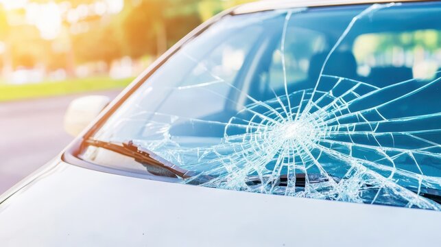 A close-up of a car windshield with a large spiderweb-like crack, against a bright outdoor background, illustrating damage and accident aftermath.