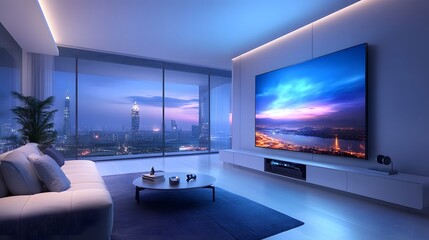 Modern living room with scenic city view