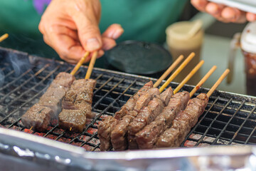 Shirakawa village, Gifu, Japan. Grilled skewers of meat are being prepared over open flames, showcasing sizzling flavors at a vibrant street food stall.