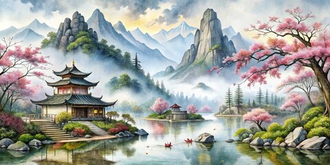 Fototapeta premium Watercolor Painting of Vertical Scenery in Oriental Chinese Style - Serene Landscapes, Cultural Heritage, Traditional Art, Nature, Mountains, Rivers, Bamboo