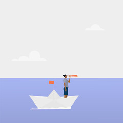 A business leader looks through binoculars at paper boats, challenging the crisis. Vector illustration.	