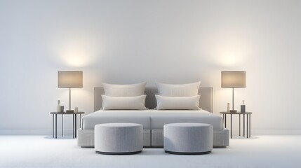 Beautiful double bed with two pillows and a table lamp