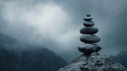 Balancing Stones on Mountain Peak Under Dramatic Sky