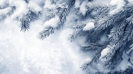 Vintage winter banner with fir tree branches covered with snow. Blurred winter forest background. Copy space, closeup 