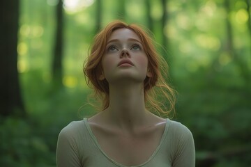 Naklejka premium A serene red haired girl in a forest, looking upward, bathed in natural light among green trees