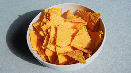 Corn chips, tortilla, nachos, golden corn chips, healthy snacks, chips in white bowl, crispy nachos, Italy