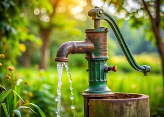 Vintage Green Rusty Water Lever Pump with Flowing Water, Beautiful Nature Background, Manual Pump, Rustic Charm, Old Farm Equipment, Water Source, Outdoor Beauty