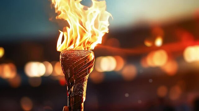 Flame burns in Olympic torch against blurred sports arena	