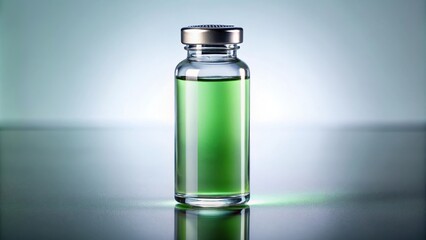 Glass vial with green liquid and metal cap reflected on surface