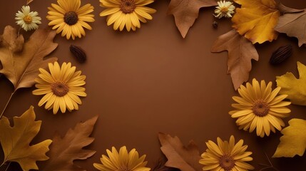 Obraz premium A serene arrangement of yellow flowers and autumn leaves on a brown background.