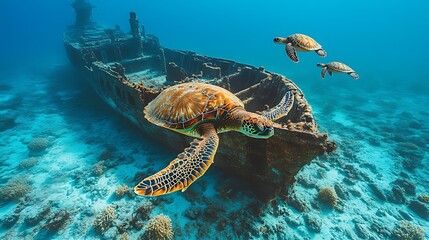 Fototapeta premium Three green sea turtles swimming near a sunken shipwreck in clear blue water.