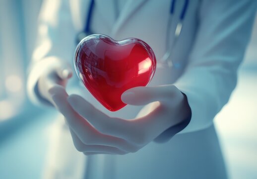 Close-up of a doctor's hands holding a red heart, a medical concept background, blurred, copy space for text.