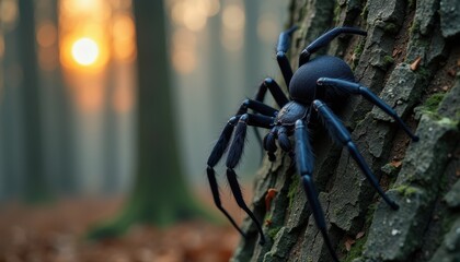 Close-Up of a Giant Black Spider Crawling on a Spooky Tree in a Dark Halloween Forest